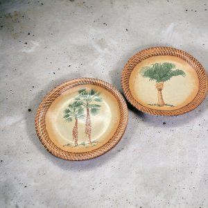2 Tradewind Bay Plates Palm Trees Woven Look Edge Decorative Only 8.25"
